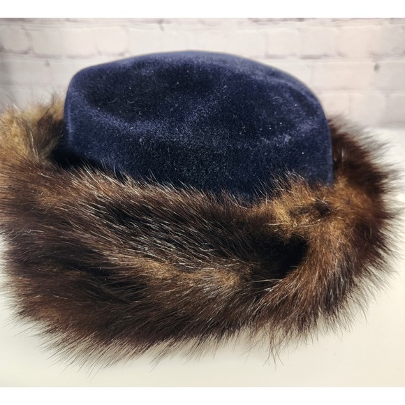 1930-40\'S Vintage Aurore Mink Fur Trimmed Velvet Blue Hat Made In France main image 7